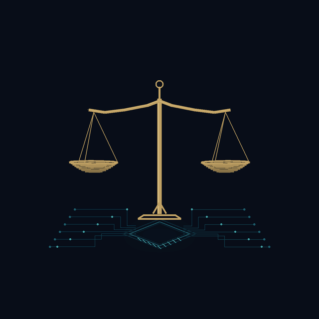 Scales of justice over a circuit board