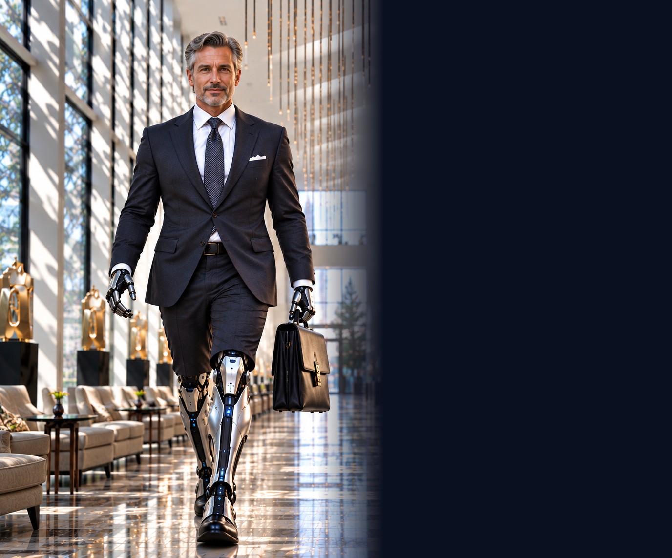 General counsel with robotic prosthetics walking through a marble lobby